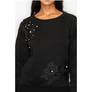 Max Sport Black Sweatshirt with Lace Flowers and Pearls | Black | Medium | NWT